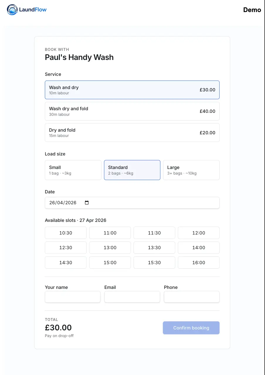 LaundFlow customer booking widget demo